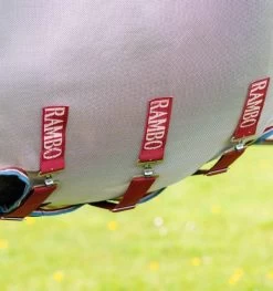 Rambo® Protector Fly Sheet. Disc Closure - Oatmeal And Cherry -Equestrian Supplies AFATKP D